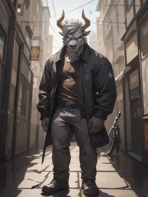 Masterpiece, Solo, (dark grey bull, A Pair of tan horns, white hair), Blue eyes, Muscular Body, Handsome, Good Looking, Adult, Fierce, Smirking, Brown Shirt, Jean, Jacket, Furry Street Background with show the floor,full body.