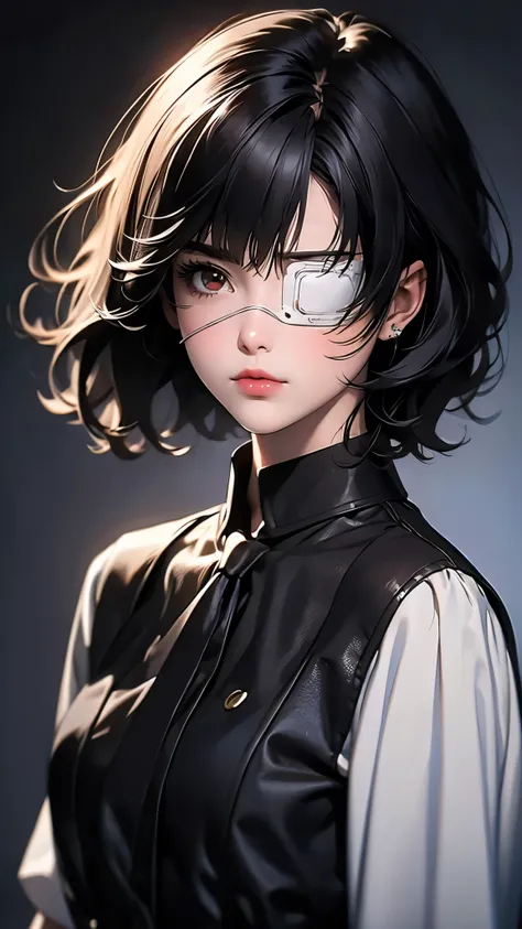 ((Masterpiece)), envision a 8k, highres, cinematic, extremely beautiful semi realistic close up portrait of a cute tomboy with a slender body, choppy black hair, side locks, strong face, slender face, long sweeping bangs, red eyes, soft lips, lip gloss, th...