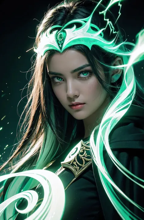 "In the chakra panorama, dramatic sharp contrast,
Sparkling emerald green meets timeless jet black,
Every strand of white hair is perfectly defined,
Blazing wild, emits an ethereal light.
Glowing eyes, neon green pupils split the darkness,
Sharply engraved...