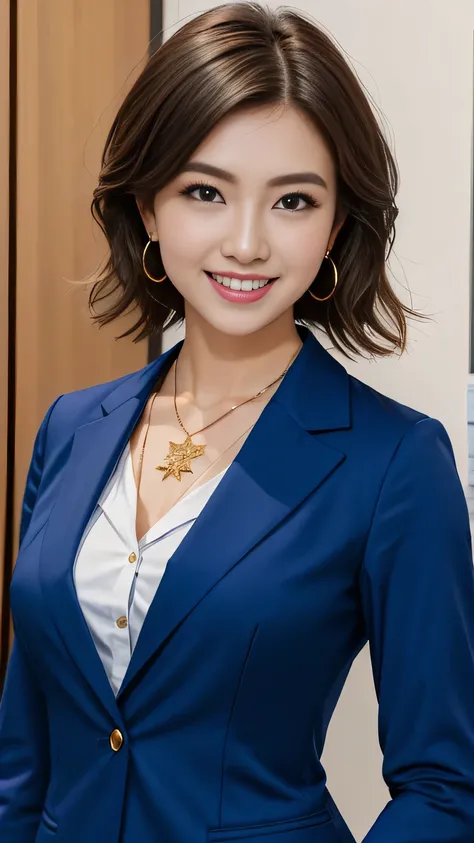 RAW Photo High Resolution, Very detailed, intricate details, 、ear piercing、、Short Hair、Dark Brown Hair、Office Lady Suits 、smile、jacket、shirt、Heavy makeup、Necklace on neck、, The background is the office
