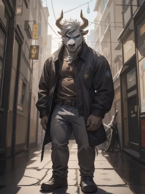 Masterpiece, Solo, (dark grey bull, A Pair of tan horns,  white hair), Blue eyes, Muscular Body, Handsome,  Good Looking, Adult, Friendly, Smirking, Brown Shirt, Jean, Jacket, Furry Street Background with show the floor,full body.