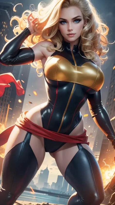 Carol Danvers da Marvel,(best qualityer,4K,8k,high resolution,work of art:1.2)(weather: windy), new york background, city ruins, wide hips, long curly hair, blonde hair, sleeveless leotard, arm long gloves , red belt, thigh high boots, flirting pose, ultra...