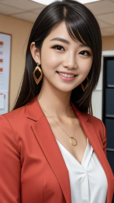 RAW Photo High Resolution, Very detailed, intricate details, 、ear piercing、、Black Hair、Office Lady Suits 、smile、jacket、shirt、Heavy makeup、Necklace on neck、, The background is the office
