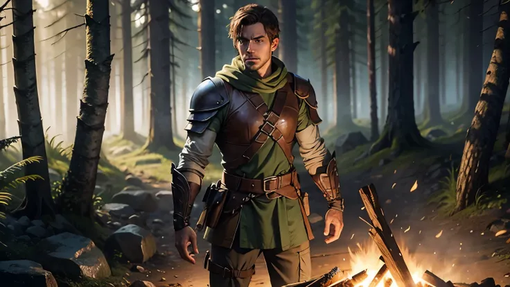 A rogue from Dungeons and Dragons, handsome Caucasian young man, twenty-nine years old, standing before a camp fire wearing Short brown hair, outdoors, soft lighting, forest in background, angry facial expression, mesomorph body type, realistic, intricate ...