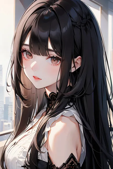 best quality, highres,Slender、Brown eyes、tall、Black Hair、(Long Hair:1.3),(Straight Hair:1.3)、(Bangs:1.3)、7th life、Looking up、Thick lower eyelashes、Black lace dress
