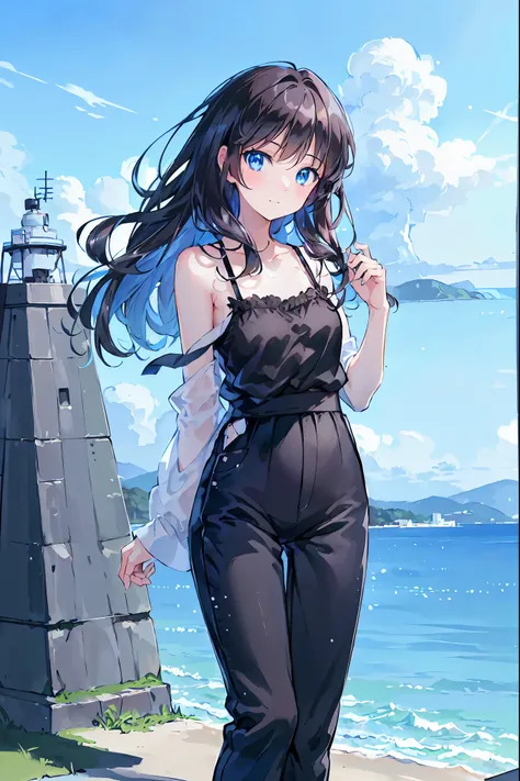 ((masterpiece)), (anime:1.5), ((Best Quality)), (RAW Photos:1.2), (High resolution:1.5), (Professional photography:1.5), (chromatic aberration), Lighthouse,Two wind turbines at the top of a hill,Distant Sea, early summer,Beautiful sky, Cumulonimbus，One Gir...