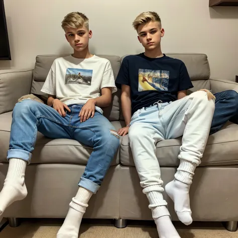 two teenage white european boys with fashion undercut haircuts, wearing large t-shirts, large baggy jeans, white filthy socks, n...