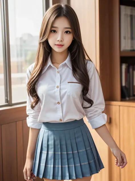 Very beautiful  cute girl、Bright and beautiful skin、Sexy and very beautiful、Very cute face，extremely beautiful、 lips、Junior high school uniform shirt、Pleated Skirt、8K