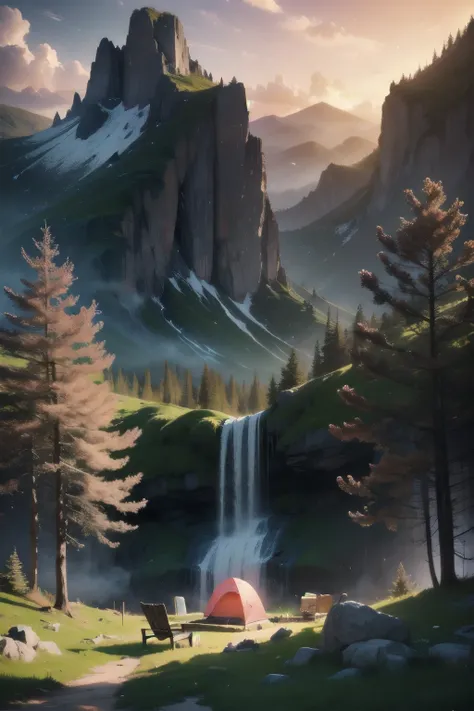 Chroma V5, Nbinkupunk, Analog Style, Very exquisite spring pink tree々A beautiful mountain covered with,camp，tent， A beautiful and realistic waterfall is depicted in the background, With a beautiful and spectacular sunset, コンセプトart, art：Greg Rutkowski and A...