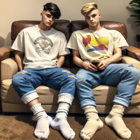 Two teenage white european gay boys with fashion undercut haircuts, wearing large t-shirts, large baggy jeans, white filthy socks, no shoes, sitting on a couch in their socks, watching TV, with their very detailed foot soles resting on the coffee table