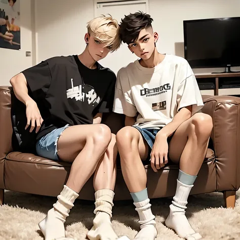 two teenage white european gay boys with fashion undercut haircuts, wearing large t-shirts, large baggy jeans, white filthy sock...