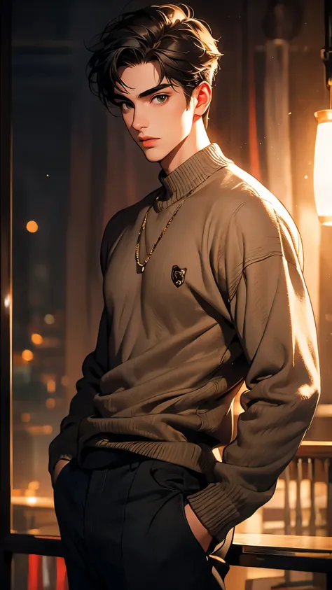 ((masterpiece)), envision a 8k, highres, cinematic, detailed, full body pinup of a boy, slender muscular body, ((cute face)), slender face, big eyes, thick eyebrows, ((round face)), cute, sleek brown hair, green eyes, knitted sweater, slacks, (((1boy))), i...