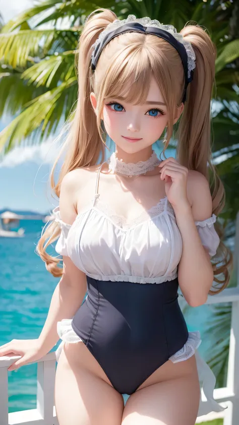 ((masterpiece)), ((highest quality、Ultra high definition)), (Very detailed),8K、Photo quality、((Amazingly cute girl))ld girl)), Two people, , (Beautiful emerald blue eyes), ((smile)),In the open-air bath overlooking the sea, Beautifully arranged black hair ...