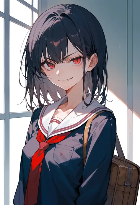 score_9_up,score_8_up,score_7_up, anime art style, School, (in class:1.1), 1girl, yandere, beautiful girl, school girl, beautiful school uniform, small breasts, best quality eyes, (evil smirk:1.2), highest resolution