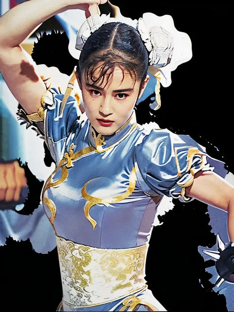 chunli, silver costume, two white buns, fighting desperately, sweating, surrounded by formidable enemies, serious expression, bl...