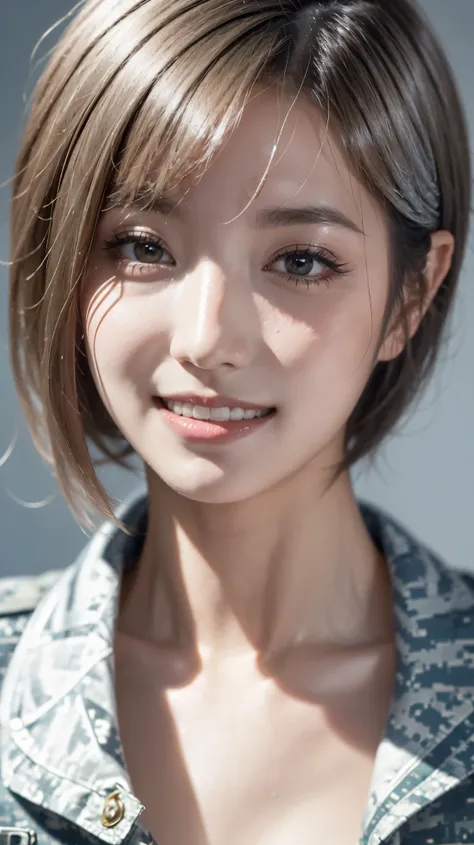 Realistic, masterpiece, Best Quality, Highest Resolution, Portrait of a Japanese woman, Only the upper body is depicted, Portrait Background, Happy smile, Turn a little to the side, Always observe the audience, Beautiful and detailed eyes, Dark Eyes, Looks...