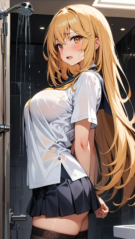 (1girl, shokuhou misaki, Toaru Majutsu no Index), (curvy, large breasts, tented shirt), (Sticky Sailor uniform, mini skirt), beautiful detailed eyes, yellow eyes,(cute eyes), black thigh highs, arms behind back, (Carving Waistline), Shower room, (cowboy sh...