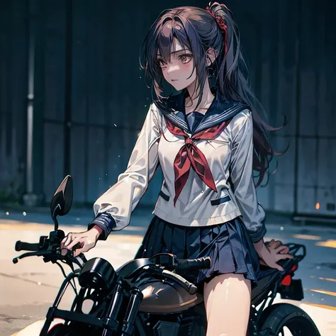 masterpiece, Best Quality, High resolution,Alone, Very detailed,Detailed bike,Accurate human body、Knowledgeable person、Correct five fingers,Sailor suitを着たアニメの女の子が、Riding a motorcycle, Fluffy ponytail,Japanese girls uniform, Japanese School Uniform, High sc...