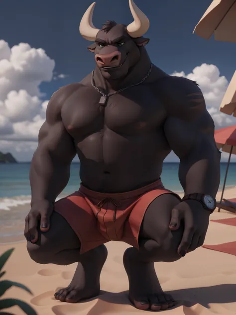 (guntherdwbull), naughty face, digital media artwork, 3d, realistic, detailed, detailed face, detailed eyes, anthro body, male, muscular body, green eyes, bare chest, (by personalami:0.5), zaush, (soft shading), at beach, sand, sunny day, wearing swim trun...