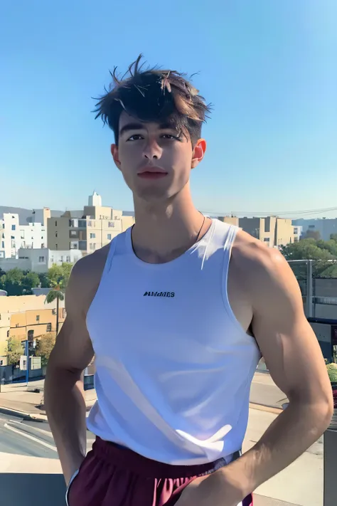 a handsome young tiktok wearing tank top, upper body, outdoor, 24yo, caucasian, latino, ultra realistic, highres, solo, gay, american boy, city, chill vibe, (masterpiece,best quality:1.5)