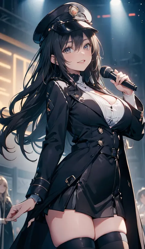 ((Rock Band Costumes,Big Breasts,Black long coat)),beautiful, masterpiece, Best Quality,Beauty, Look at the viewers,smile,Neon Light,on stage,military cap,boots,Holding the microphone,Smiling,Facing forward,mini skirt