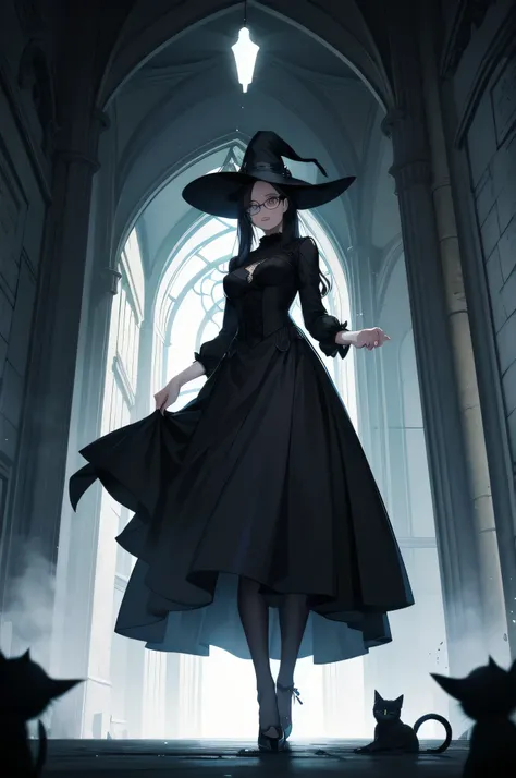 beautiful girl、cute、baby face、Glasses、Black Hair、Long Hair、Straight Hair、bangsbangs、bangs、hime cut、Long skirt、Black pumps、Magic wand、witch、witch hat、beautiful girl、Gothic Dress、Long Dress、Big Breasts、Slim body、There is a black cat at your feet、2 black cats...