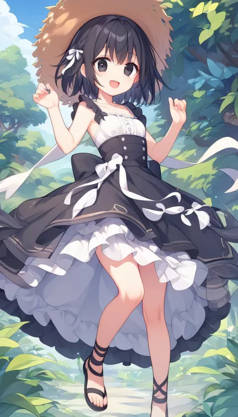 Best Quality、High image quality、8k、One girl、Black short hair、Black Eyes、Very small breasts、White frilled dress、Straw hat with white ribbon、Black Sandals、View here、smile、Open your eyes、grassland、Human-like limbs、Five fingers