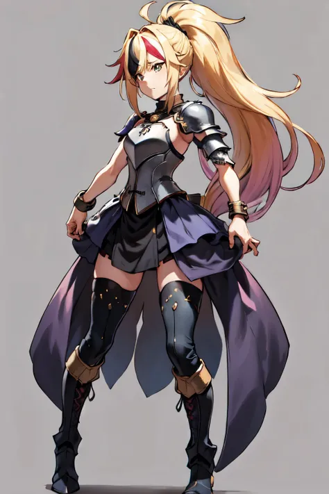 1 , Cabelo comprido, ultra long multicolored Franja, gorgeous, Cabelo loiro, long messy ponytail, shouder piece of armor, left bracelet, Short breastplate, long iron boots, cute pose, Alta resolução, Obra-prima, Melhor qualidade, simple background 