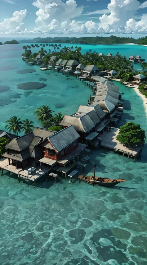 there is a dock with a boat and a house on it, instagram post, maldives in background, over water, near a jetty, turquoise water, wood pier and houses, above water, lagoon, wonderful masterpiece, beautiful place, tropical location, edited, very close to re...