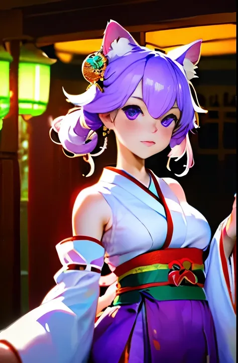 (best quality:1.4), highres, masterpiece,, 1girl,, light purple hair, purple eyes, (kemomimi), medium breasts, bare slim thigh,, hair ornament, (red|white Japanese miko clothes), detached sleeves,, blush,, lantern, shrine,, detailed face,