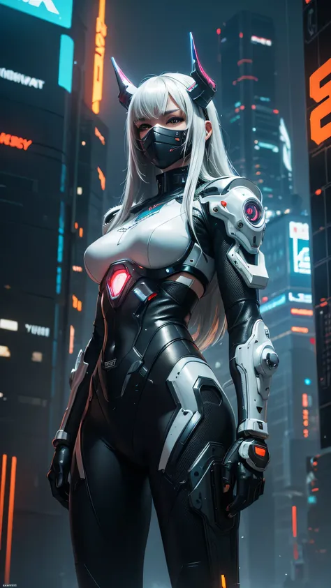 1girl, a beautiful girl cyborg cyberpunk with a cyberpunk city tall buildings, white hair, cybermask, white and orange and black machine suit color combination, the body full of machine, realistic futuristic hologram, asian skin tone, beautiful eye, beauti...