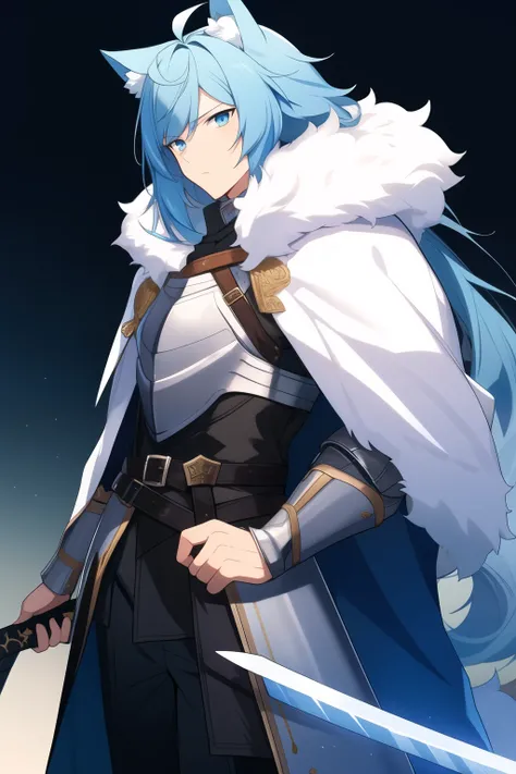 cloak, white eyes, ice blue hair, long bangs, full bangs, messy hair, male, bishounen, large sword, wolf ears, tall, mature, elegant, pretty, belted cloak, fur hem cloak, serious, night, leather armor, long hair, white gradient, grey plate armor, large clo...