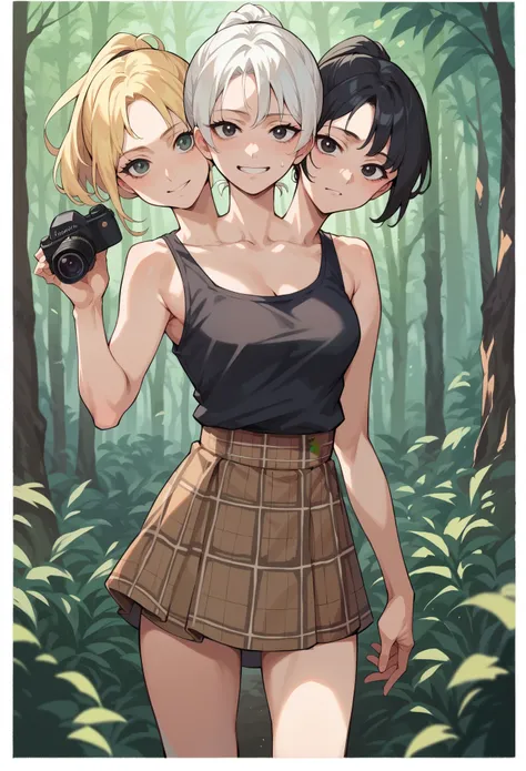 horikoshi style, conjoined, anime girl with three heads, posing for camera, different hair colors, blonde hair black hair white ...