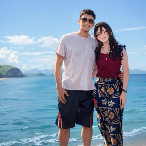 there is a man and woman standing on a beach next to the ocean, the ocean in the background, ocean in the background, vacation photo, standing at the beach, on the ocean, on the ocean water, with mountains in the background, posing on a beach with the ocea...