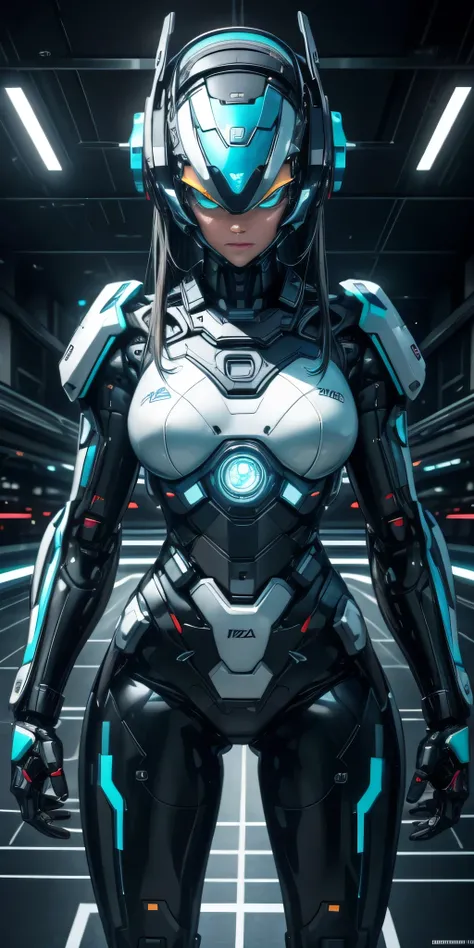A robot with a human appearance, Alison Tyler with well-defined and expressive facial features, como sobrancelhas, olho, nariz e boca. A foto poderia ser tirada em um ambiente futurista, with neon lights and advanced technology in the background, to convey...