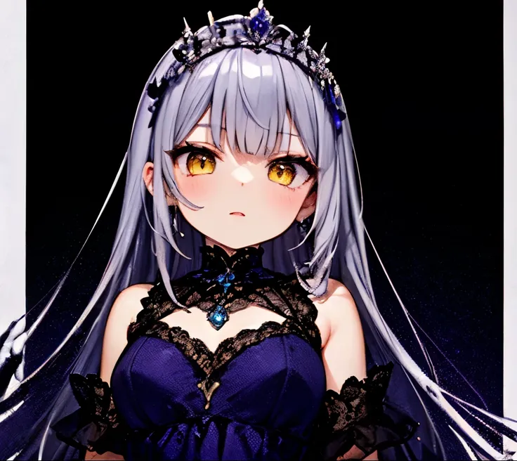 ((best quality)), ((masterpiece)), (detailed), 1girl, yellow eyes, tiara, purple dress, long hair, silver hair with light purple highlights