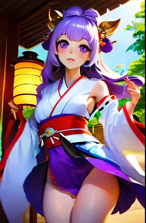 (best quality:1.4), highres, masterpiece,, 1girl,, light purple hair, purple eyes, (kemomimi), medium breasts, bare slim thigh,, hair ornament, (red|white Japanese miko clothes), detached sleeves,, blush,, lantern, shrine,, detailed face,