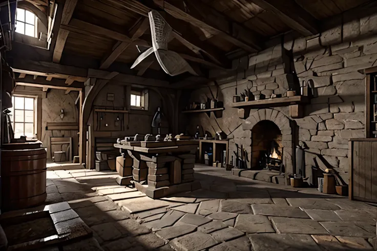 a medieval blacksmith shop // interior // clean // organized // blacksmith furnace