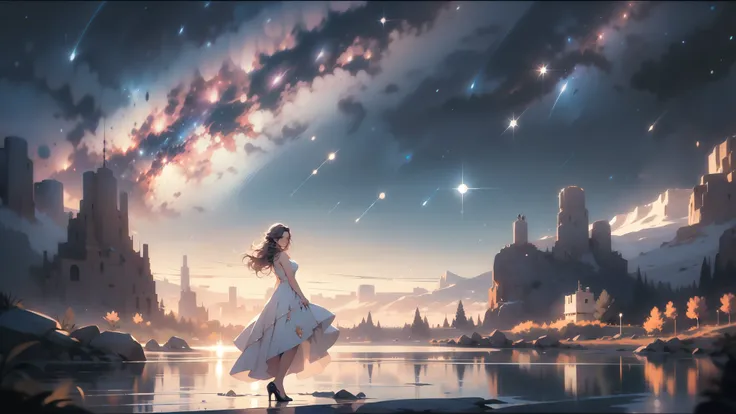 a woman can be seen against the backdrop of a milky way,  there is a mood, Beautiful scenery, Starry Sky, 1 woman alone, cleavage, looking at camera