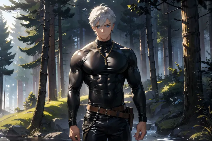 "Create a highly detailed, anime-realistic drawing of a young man, 1, with a strong, masculine physique. He has white skin and striking blue eyes with the sclera (white part of the eye) being black, giving him a unique, intense look. He is wearing a tight-...