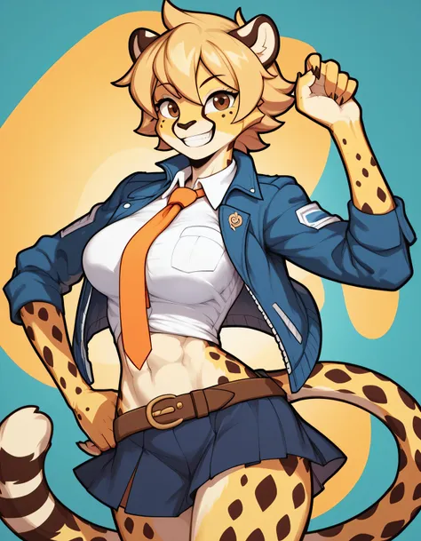 score_9, score_8_up, score_7_up, score_6_up, 1girl, anime style, anthro, sfw, (anthro female cheetah:1.4), (furry body:1.2), (dark blue short-sleeved jacket:1.3), (white collared shirt:1.3), (orange necktie:1.3), (dark blue bleated skirt:1.3), (brown belt:...