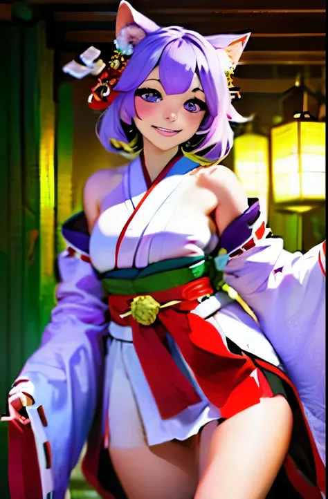 (best quality:1.4), highres, masterpiece,, 1girl,, light purple hair, purple eyes, (kemomimi), medium breasts, bare slim thigh,, hair ornament, (red|white Japanese miko clothes), detached sleeves,, blush,, lantern, shrine,, detailed face,