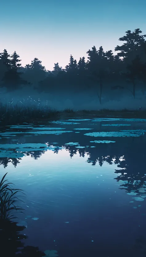 Moody lofi wallpapers blue pastel tones ,anime style , Pond