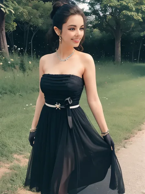 Elegant and confident, with a natural backdrop of greenery and rustic elements, shes dressed in a strapless black and white checkered dress, cinched at the waist with a black ribbon. Her black tulle overlay adds a touch of sophistication, complemented by l...