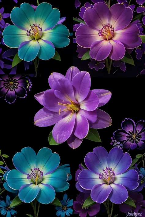 flower pattern, azalea, close together, purple flowers with white centers and green centers in a field, colorful flowers, rainbow flowers, glowing purple, neon flowers, purple color, purple neon colors, background is purple, purple colors, magenta colors, ...