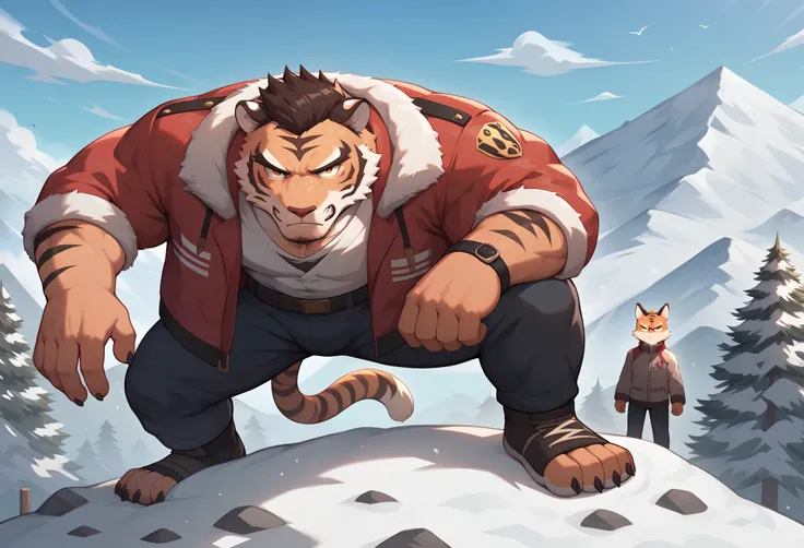 Please draw two beasts. The two are climbing a snowy mountain. One is a muscular male young tiger with hairy body, serious expression, wearing a boa jacket. The other is a young male fox with hairy body, serious expression, wearing a boa jacket. Please do ...