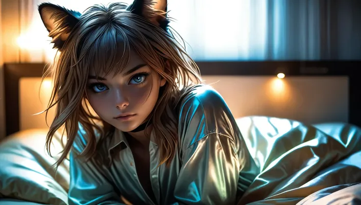 ((barely legal girl, with cat ears and choker, in an oversized thin shiny shirt with plunging cleavage, wide neckline, small perky breasts, beautiful detailed half-closed cat eyes, beautiful detailed lips, small pout mouth, extremely detailed face, tanned ...