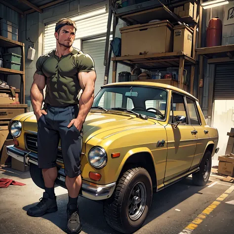 masterpiece , 32k , best quality , detailed face , natural eyes, 1man, mature man, , muscled and hunk, (((stephen amell))) as a mechanic wearing totally unbuttoned overall, showing his nipples and muscles , sweating, tight cloth , full body view , STANDING...