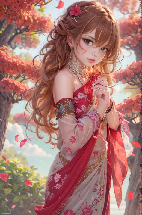 (masterpiece),(best quality:1.0), (ultra highres:1.0), detailed illustration, 8k, anime, 1girl, beautiful anime girl, in a sari, wearing a pink sari, pretty pose, pretty face, detailed face, beautiful eyes, dark red eyes, detailed eyes, red lips, red lipst...