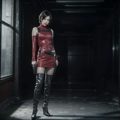 a korean woman cosplays exactly as ada wong, same red dress, black boots up to below the knee, short hair style ada wong, beautiful woman, black background, full body, in her hands is a fake gun, resident evil ada wong, harness on her chest and leg, ada wo...